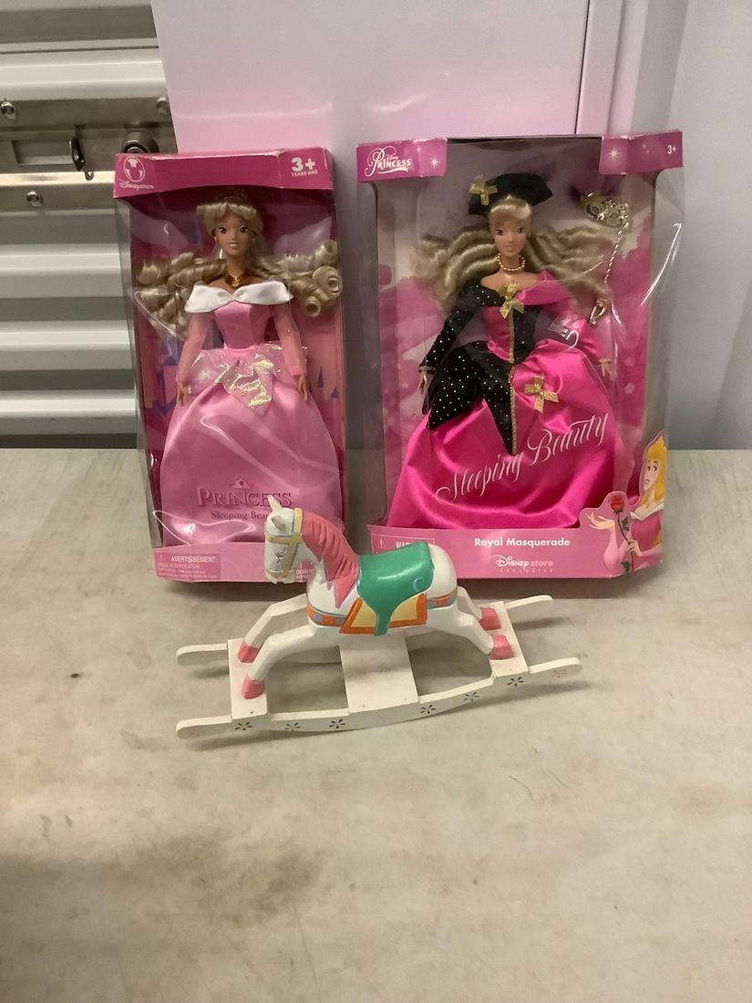 Disney Sleeping Beauty Dolls and Wooden Rocking Horse: Disney Sleeping Beauty Dolls and Wooden Rocking Horse