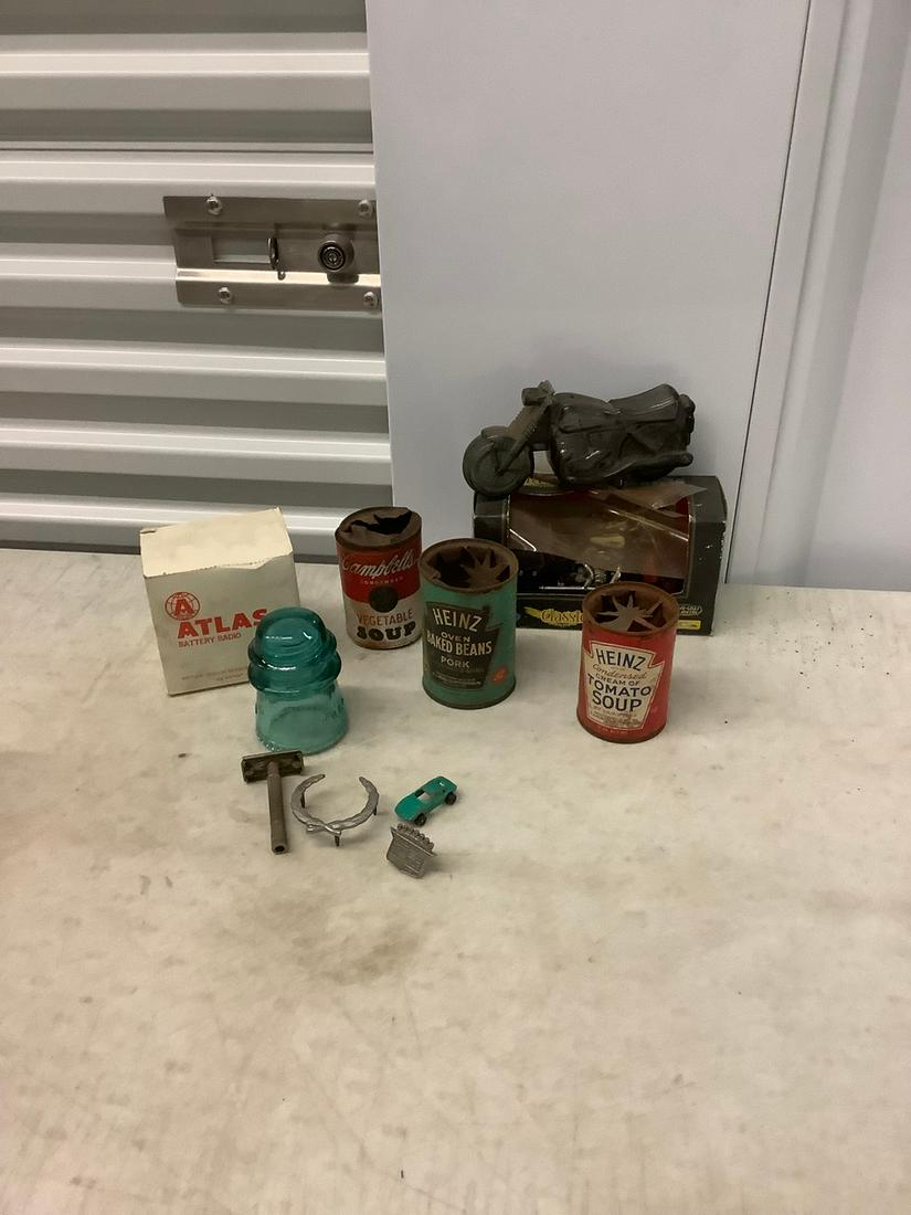 Lot of Antique Tin Cans, Classic Motorcycle Model, and more: Lot of Antique Tin Cans, Classic Motorcycle Model, and more