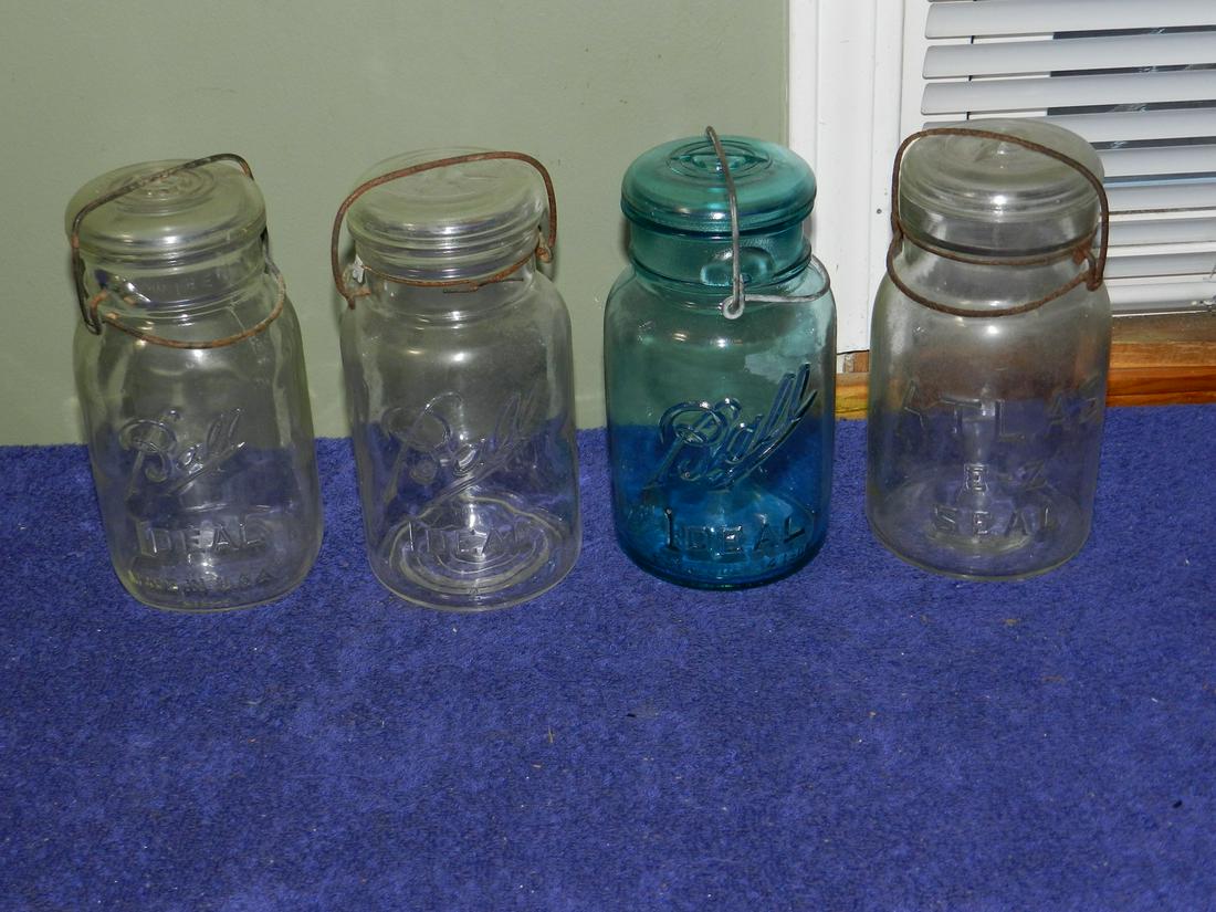 Lot of 4 Vintage Ideal Ball Atlas Mason Jars Wire Closures: Lot of 4 Vintage Ideal Ball Atlas Mason Jars Wire Closures