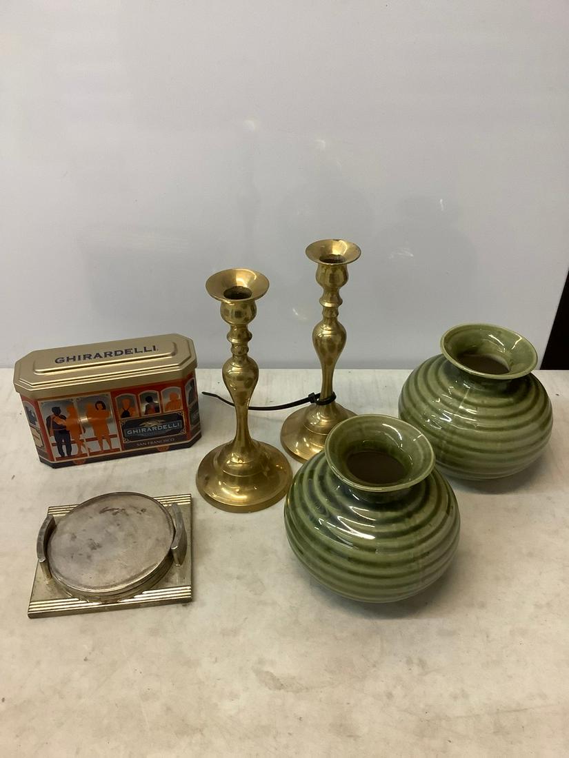 Coasters, candlesticks, and assorted pottery: Coasters, candlesticks, and assorted pottery