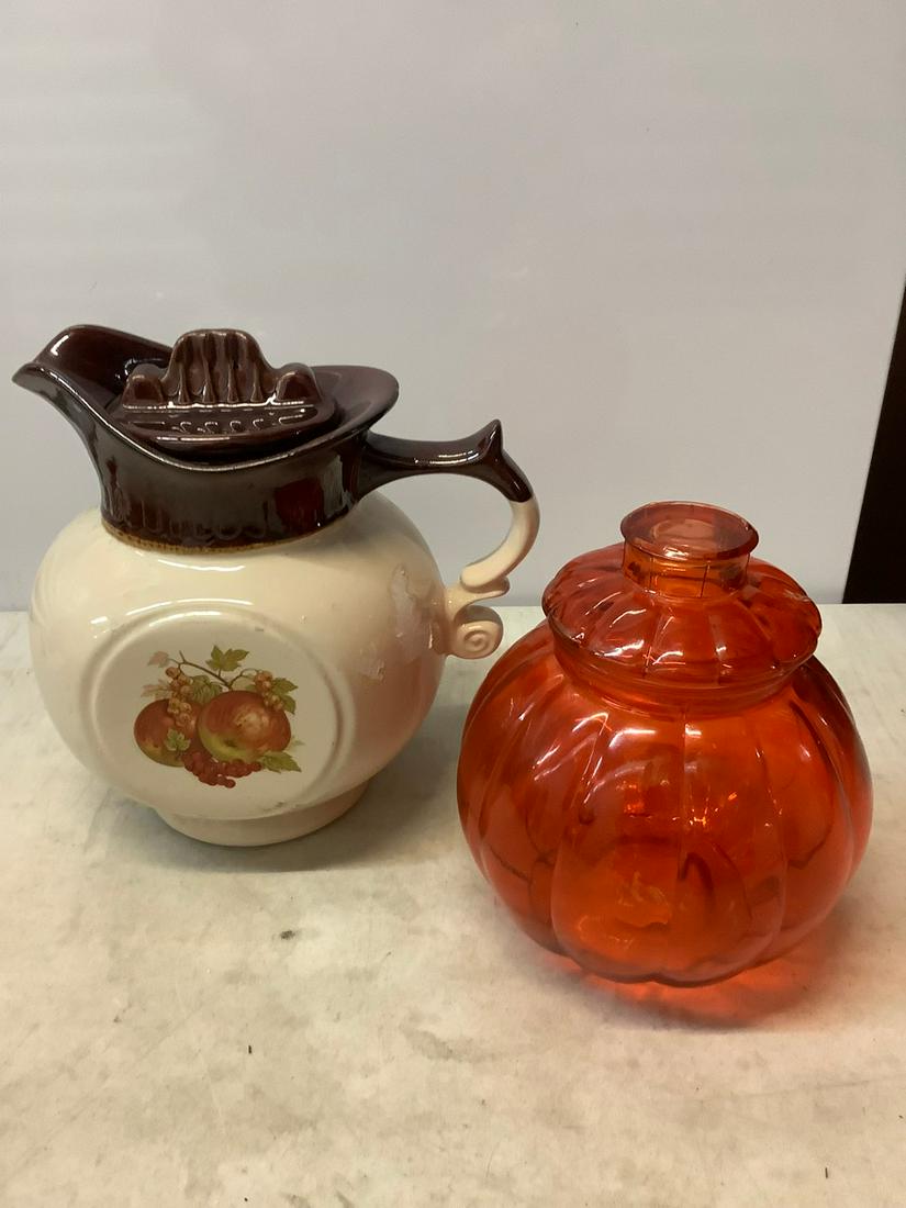 Ceramic and glass Cookie jar and pitcher (tallest 9"): Ceramic and glass Cookie jar and pitcher (tallest 9")