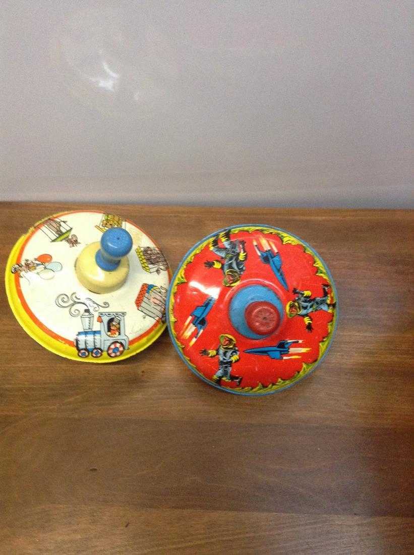 Vintage Tin Spinning Tops Circus and Space Motifs 5" Diameter (1 of 2)