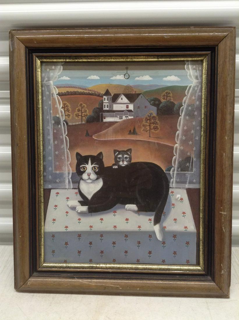 Framed Cat Folk Art 17.5"x14.5": Framed Cat Folk Art 17.5"x14.5"