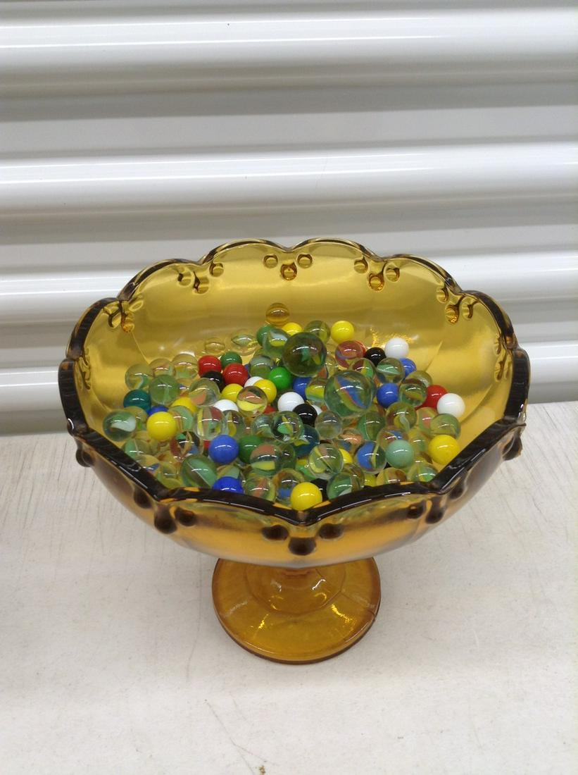 Large Amber Compote Full of Vintage Marbles with Shooters: Large Amber Compote Full of Vintage Marbles with Shooters