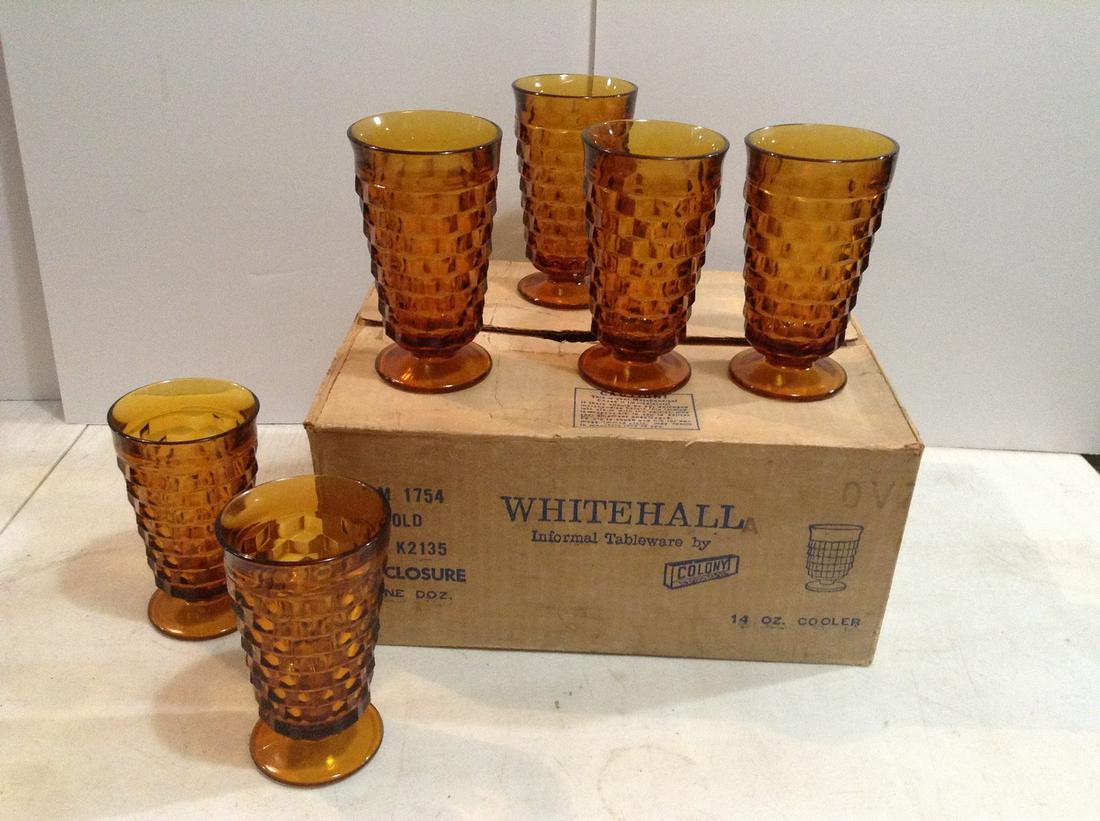 Set of 12 Vintage Deep Amber Whitehall 14oz Cooler Glasses in original Box: Set of 12 Vintage Deep Amber Whitehall 14oz Cooler Glasses in original Box