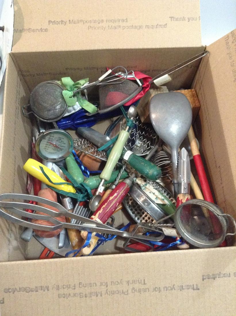 Box of Vintage Utensils, Wood Handled and others: Box of Vintage Utensils, Wood Handled and others
