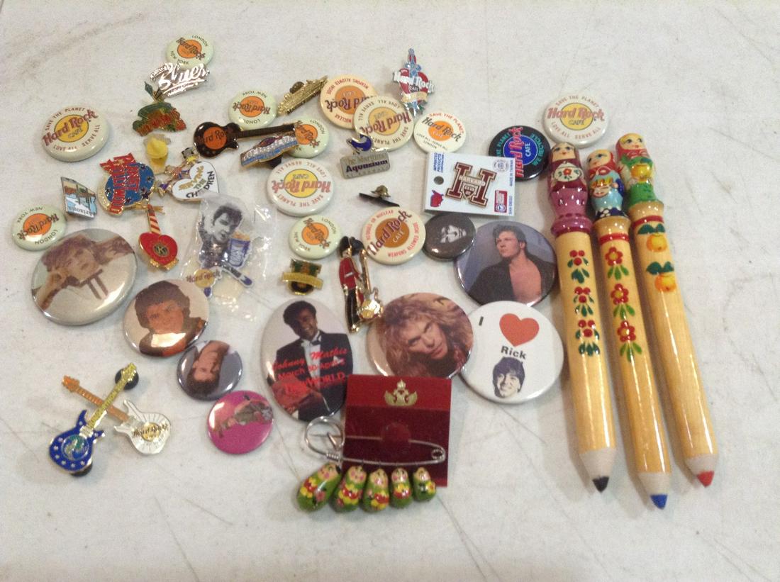 Nesting Doll Pin and Large Pencils and large lot of Pinbacks and more: Nesting Doll Pin and Large Pencils and large lot of Pinbacks and more