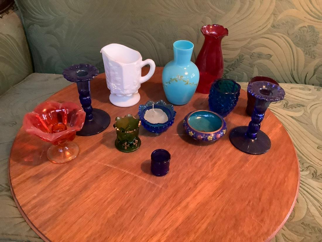 Lot of Colored Glass Vases, Candle Stick and More Largest 5.5 in. (1 of 1)