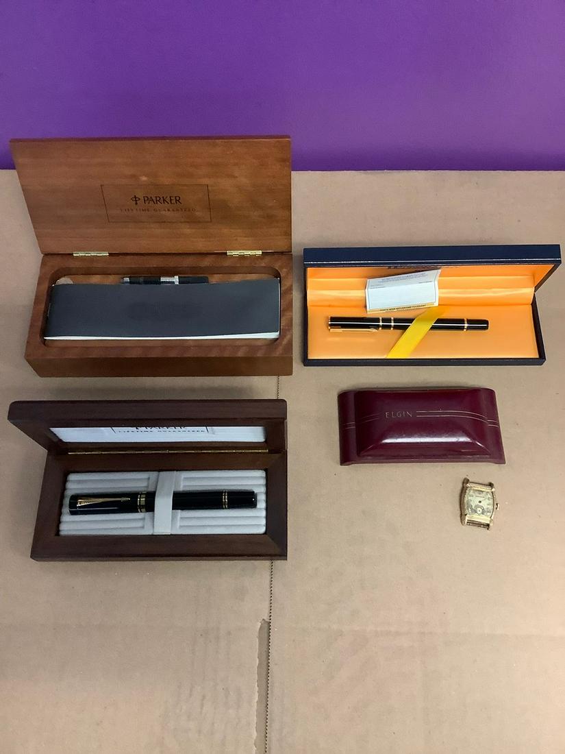Parker and Waterman pens, bulova watch, elgin case, and more: Parker and Waterman pens, bulova watch, elgin case, and more