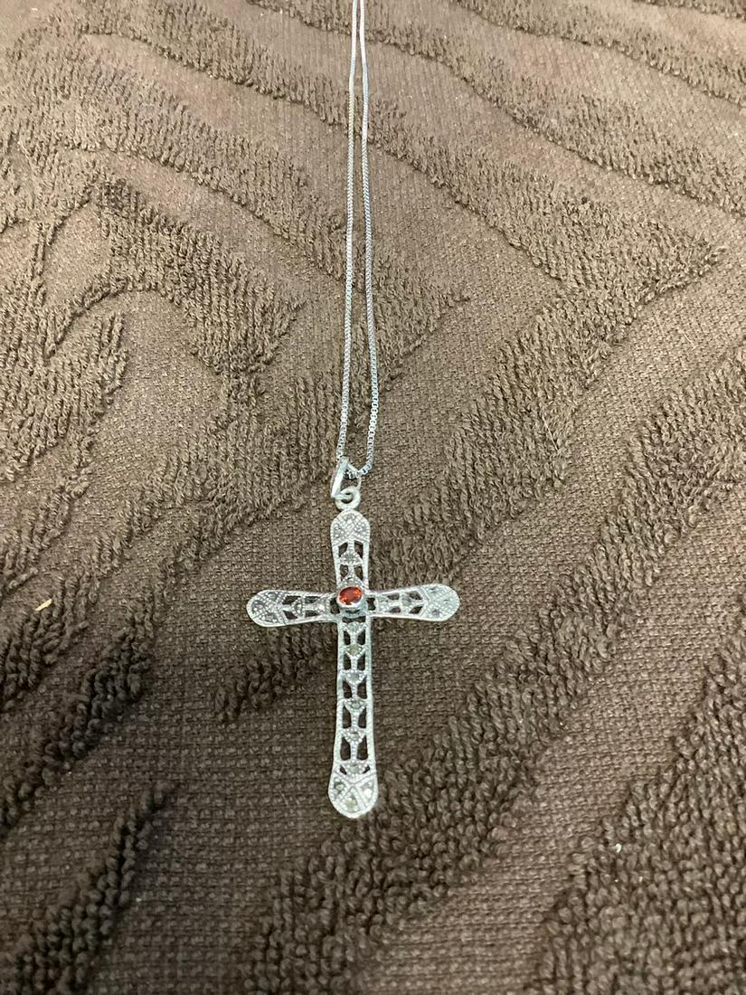 Sterling Chain w/ Large Sterling Marcasite Garnet Cross Pendant (1 of 1)