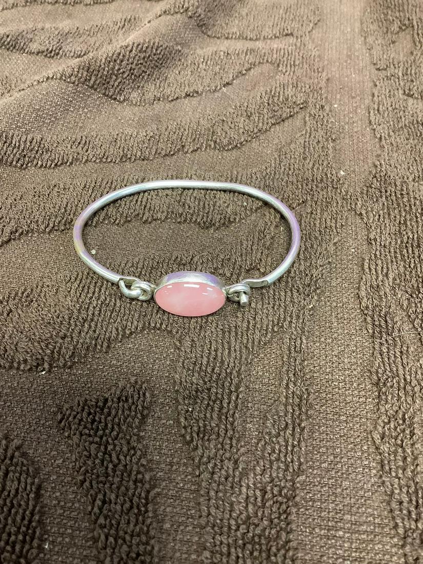 Mexican Sterling Bangle with Large Pink Quartz Cabochon (1 of 1)