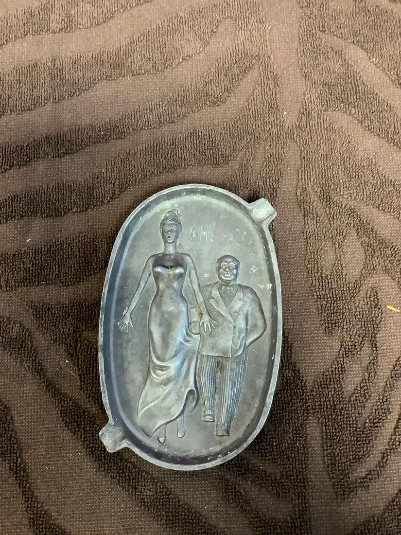 Edwardian Era 1915 Art Metal "Naughty" Tray 6" Tall: Edwardian Era 1915 Art Metal "Naughty" Tray 6" Tall