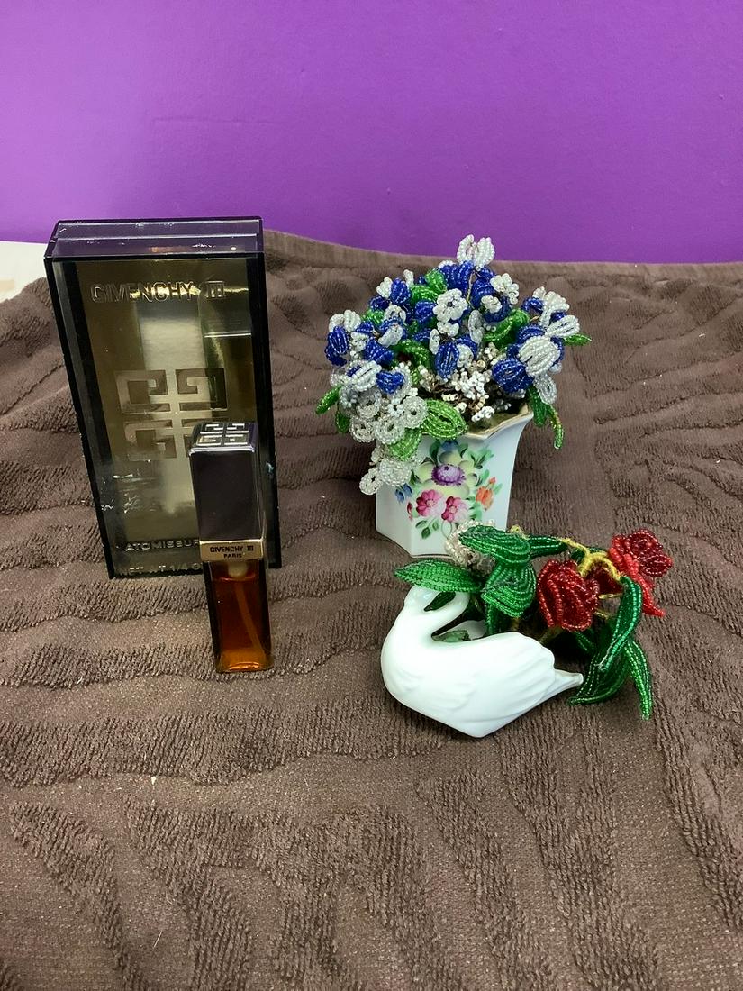 Vintage Beaded Flowers in Pot and Swan From Japan & RARE Vintage Givenchy Parfum Spray 1/4 OZ: Vintage Beaded Flowers in Pot and Swan From Japan & RARE Vintage Givenchy Parfum Spray 1/4 OZ