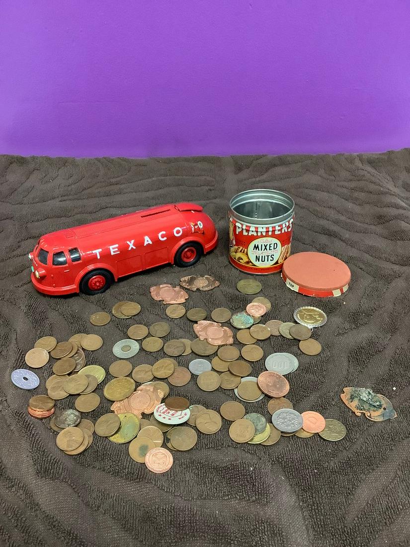 Lot of Mixed Coins, Tokens, and Texaco "Doodle Bug" Bank (1 of 1)