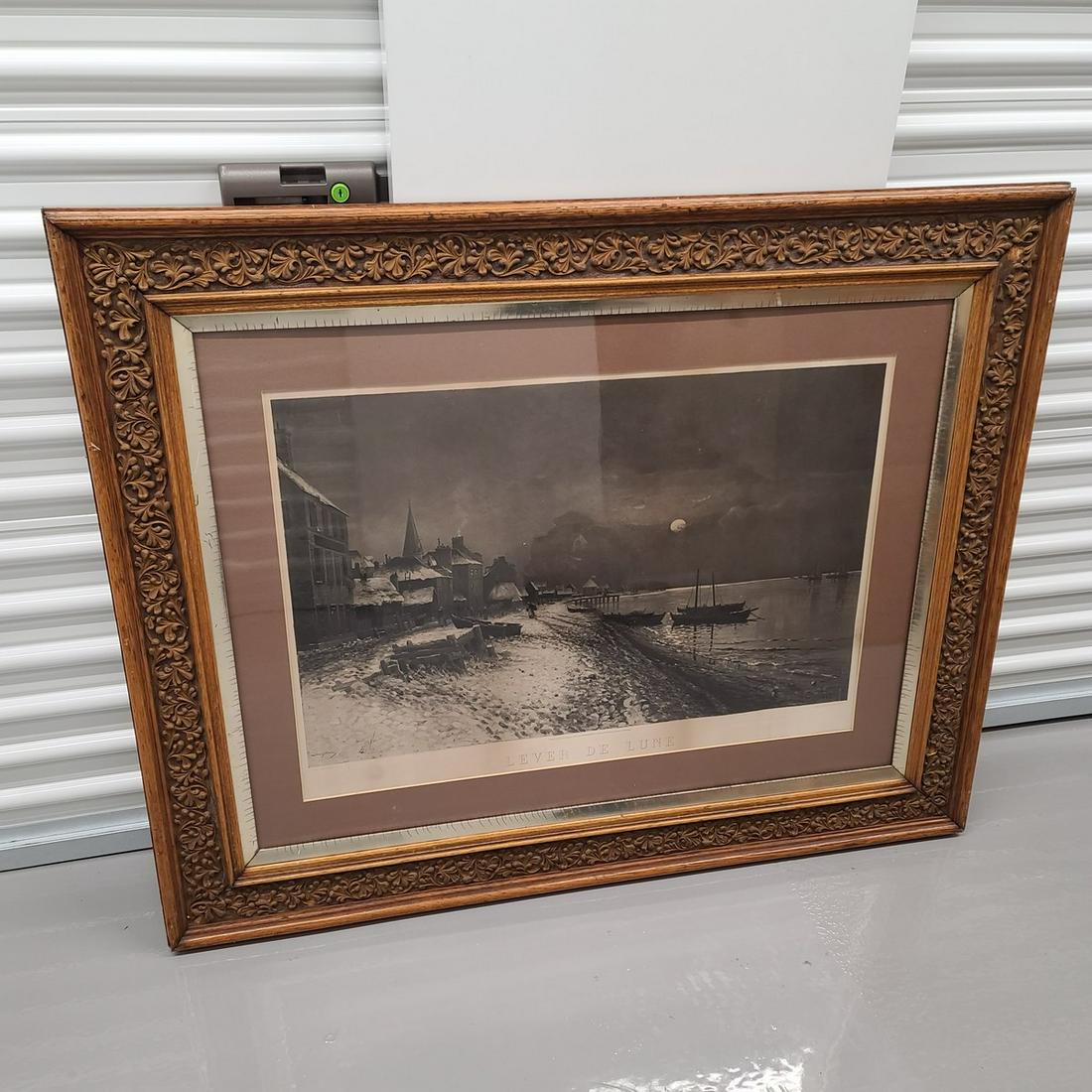 Vintage Wood Framed Lever de Lune Print 39x48": Vintage Wood Framed Lever de Lune Print 39x48"