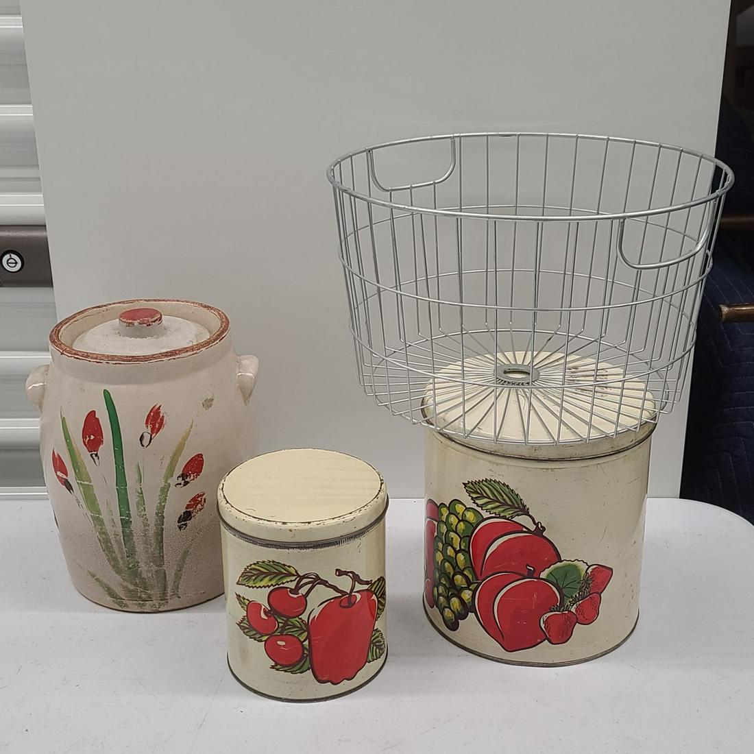 Vintage Crock Cookie Jar, Tins, and Wire Basket (1 of 1)