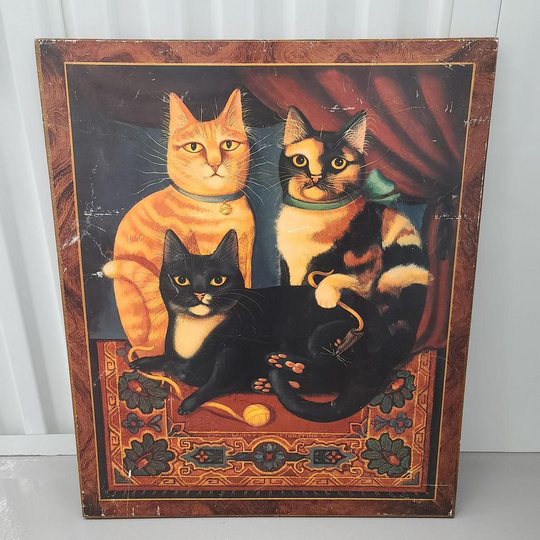 Cat art on wood 24x20" (note scratches): Cat art on wood 24x20" (note scratches)