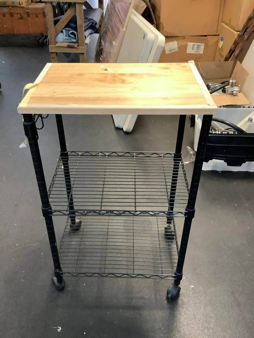 Wood top, metal shelving cart 34 inches tall: Wood top, metal shelving cart 34 inches tall