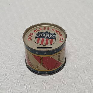 Vintage Tin God Bless America Bank 2.5x3": Vintage Tin God Bless America Bank 2.5x3"