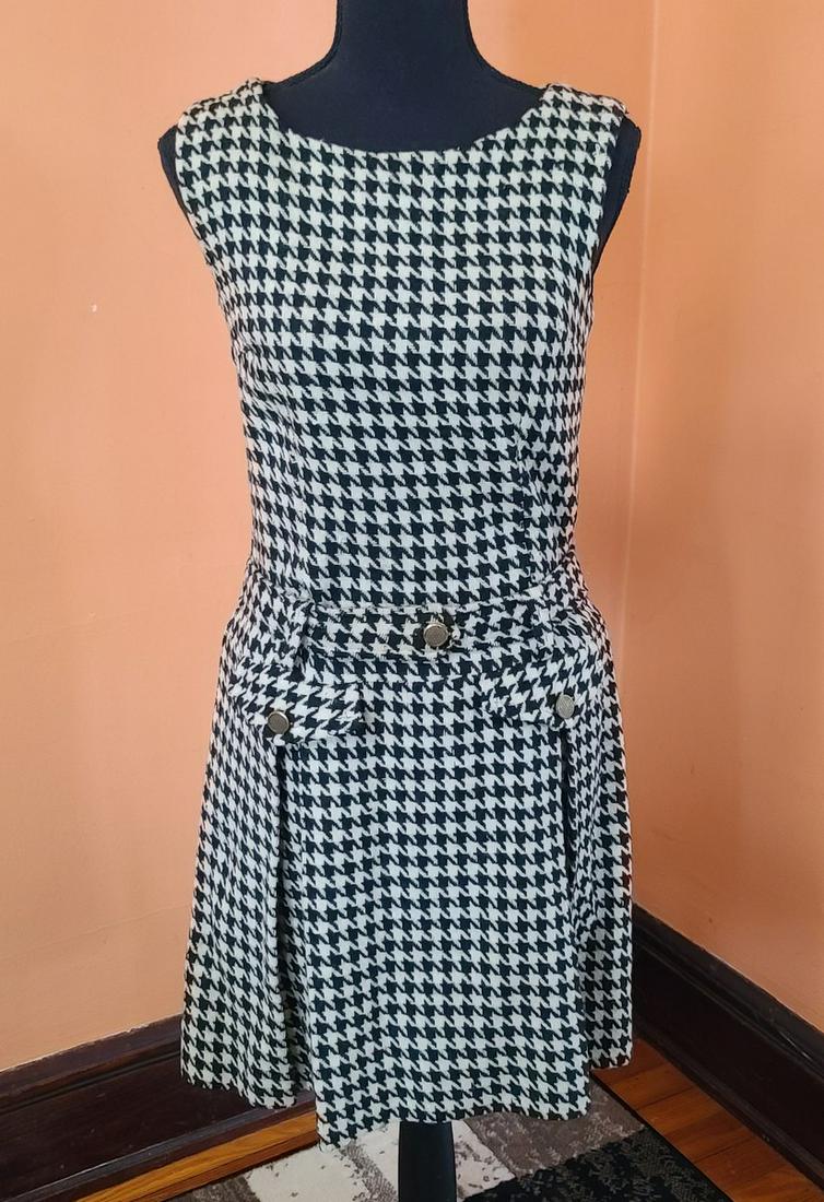 1960s Mod Drop Waist Belted Houndstooth Dress XS (1 of 2)