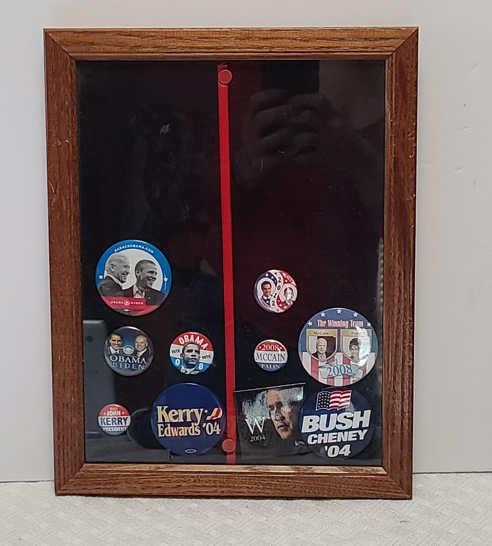 Presidential Buttons and Display case 14x11" (crack on bottom left): Presidential Buttons and Display case 14x11" (crack on bottom left)