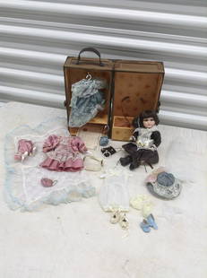 Porcelain Doll with Case and Outifits: Porcelain Doll with Case and Outifits