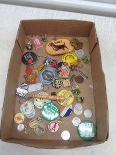 Box of Pinbacks, Keychains and more: Box of Pinbacks, Keychains and more