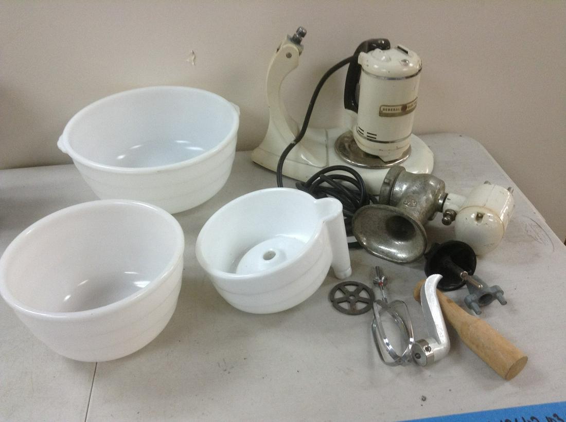 Vintage General Electric Mixer with Milk Glass Bowls and some attachments: Vintage General Electric Mixer with Milk Glass Bowls and some attachments