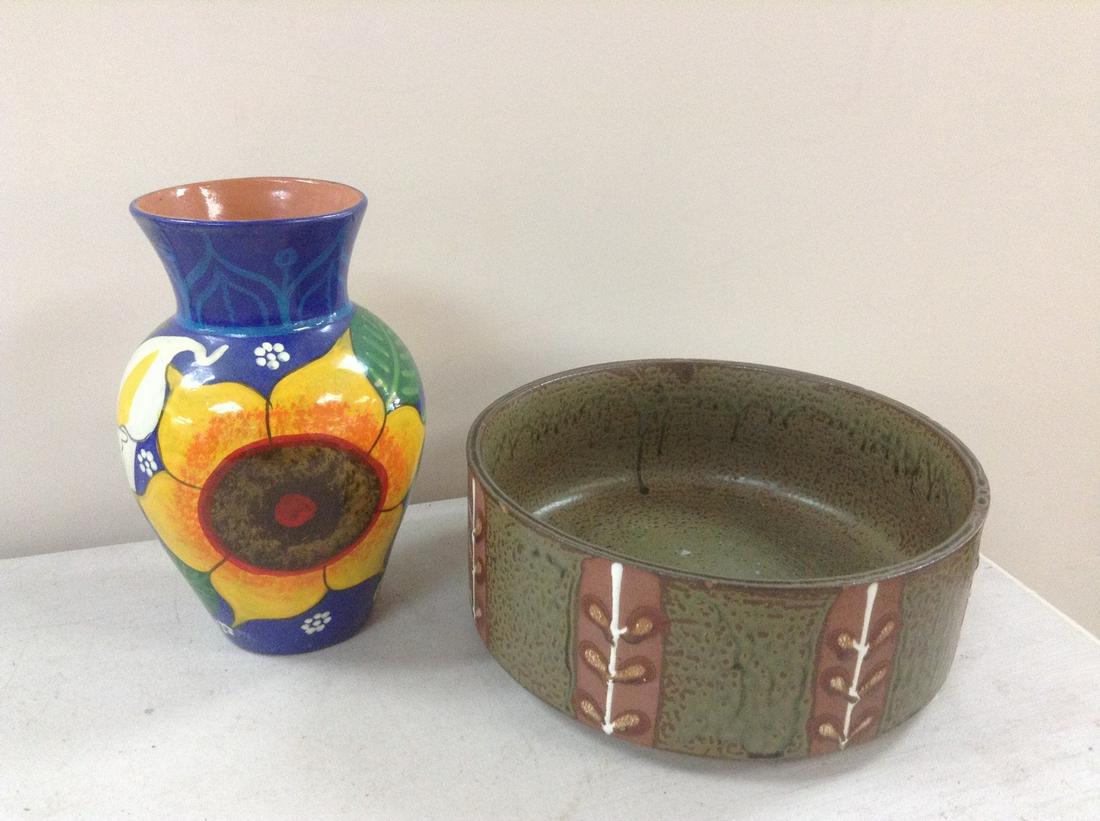 Painted Sunflower Vase and Pottery Bowl 9": Painted Sunflower Vase and Pottery Bowl 9"