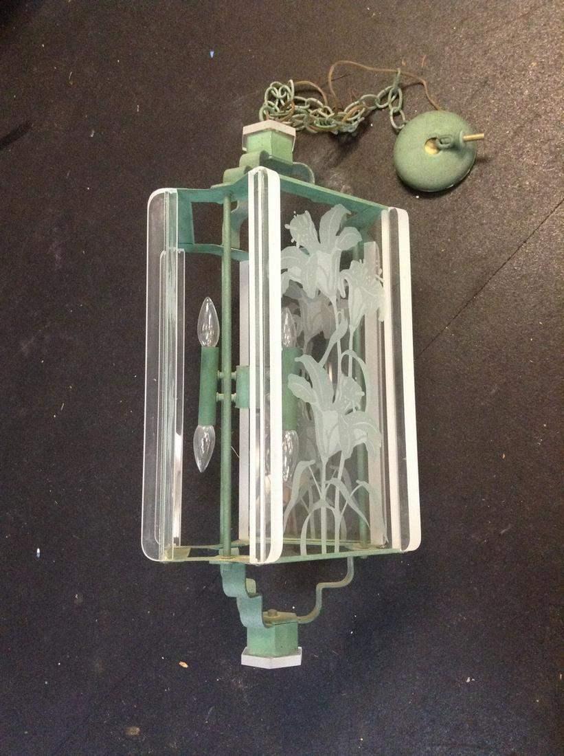 Frederick Raymond Vintage Metal and Three Panel Glass Chandelier 32" without chain: Frederick Raymond Vintage Metal and Three Panel Glass Chandelier 32" without chain