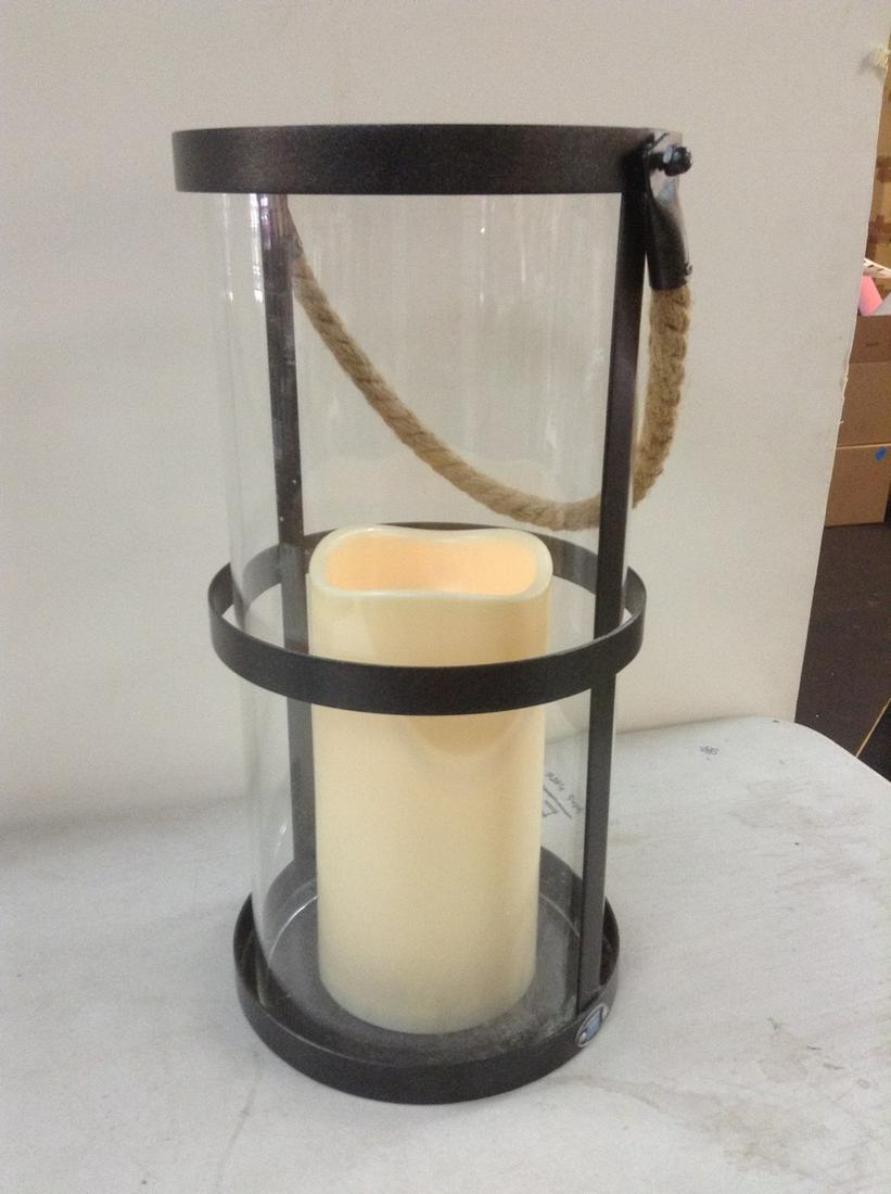 Large Glass & Metal Flameless Candle Lantern with Rope Accent 16" tall (1 of 1)