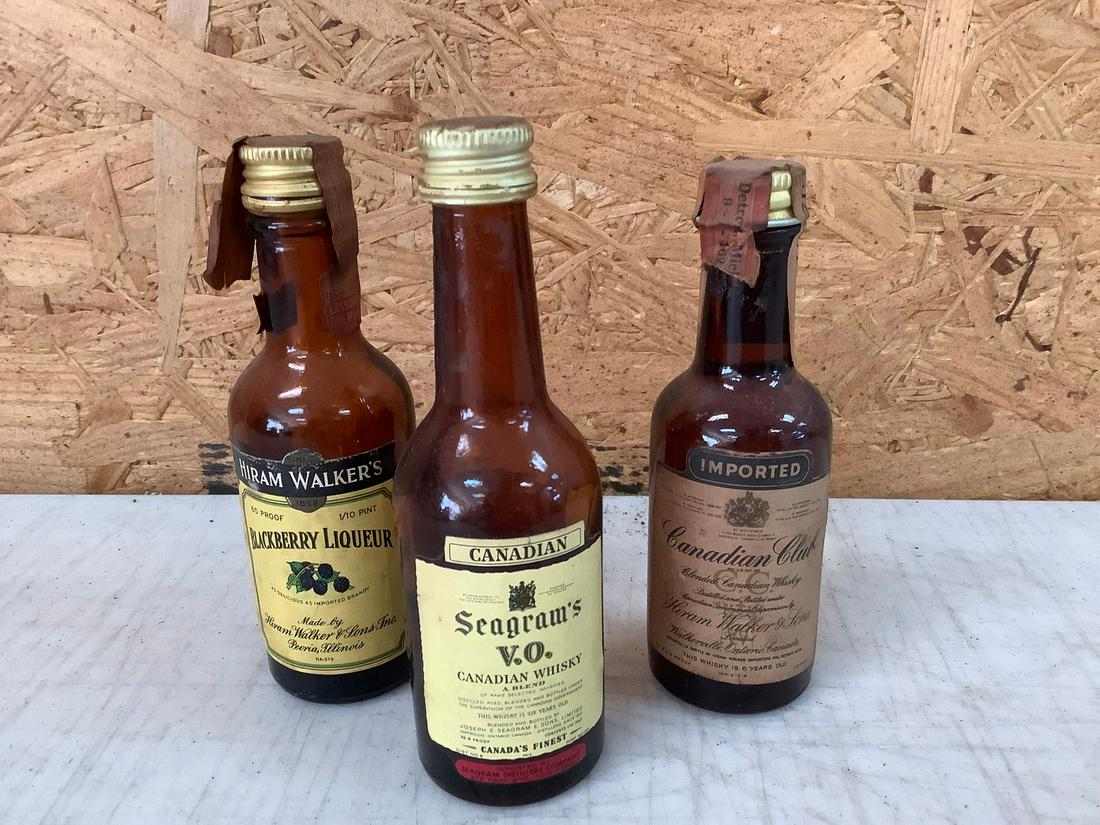 1/10 Pint Hiram Walkers, 1/10 Pint Canadian Club,1/10 Pint Seagrams V.O. (All Open): Any contents in bottle is Free; You are bidding on the bottle & unbroken tax stamp