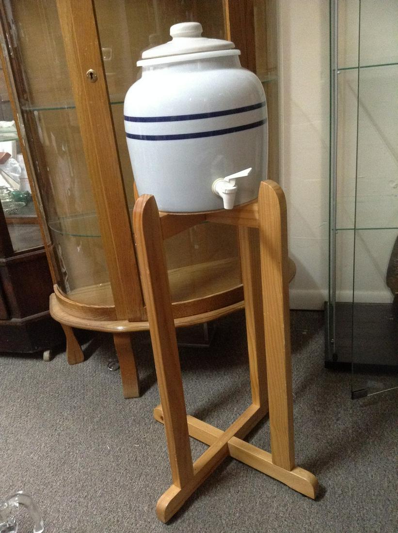 Crock Drink Dispenser on Wooden Pedestal Stand 38": Crock Drink Dispenser on Wooden Pedestal Stand 38"