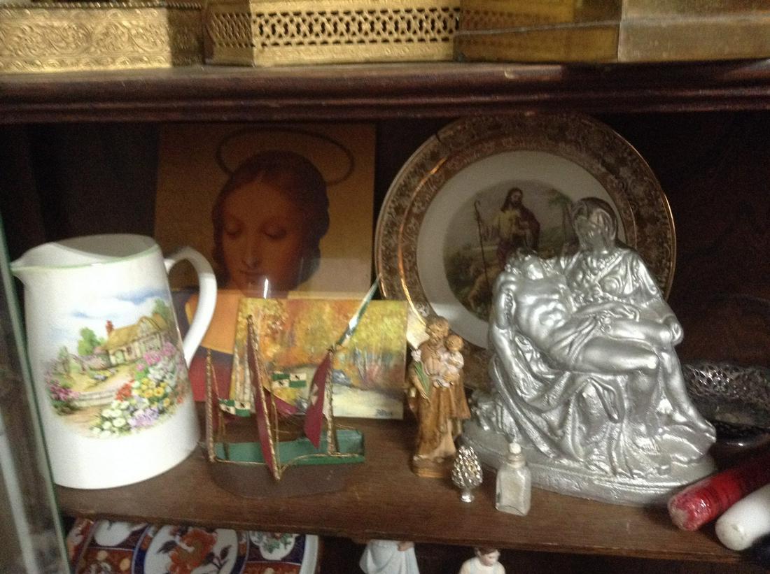 Shelf Lot - Religious Statues, Atlas Plate, Elijah Cotton Lord Nelson Ware Pitcher and more (1 of 1)
