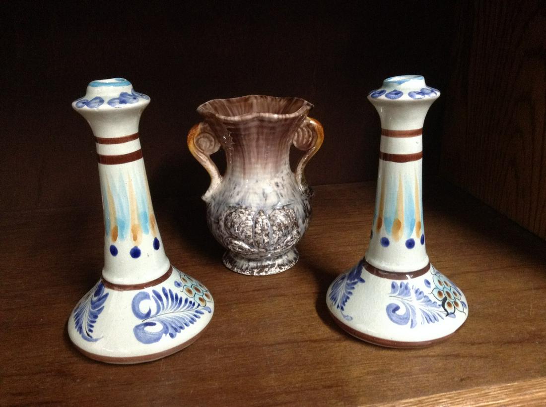 Painted Candlesticks Artist Signed From Mexico 7" and Vase (1 of 1)