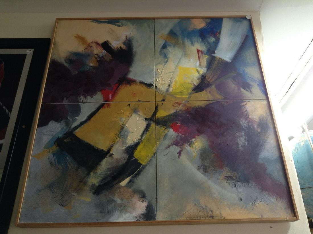 Signed Original Four panel Painting on Canvas in rough frame 28"x28" (1 of 1)