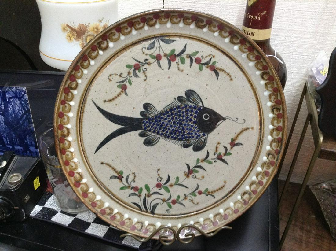 Artist Signed Fish Pottery Plate with Stand 15.5" (1 of 1)