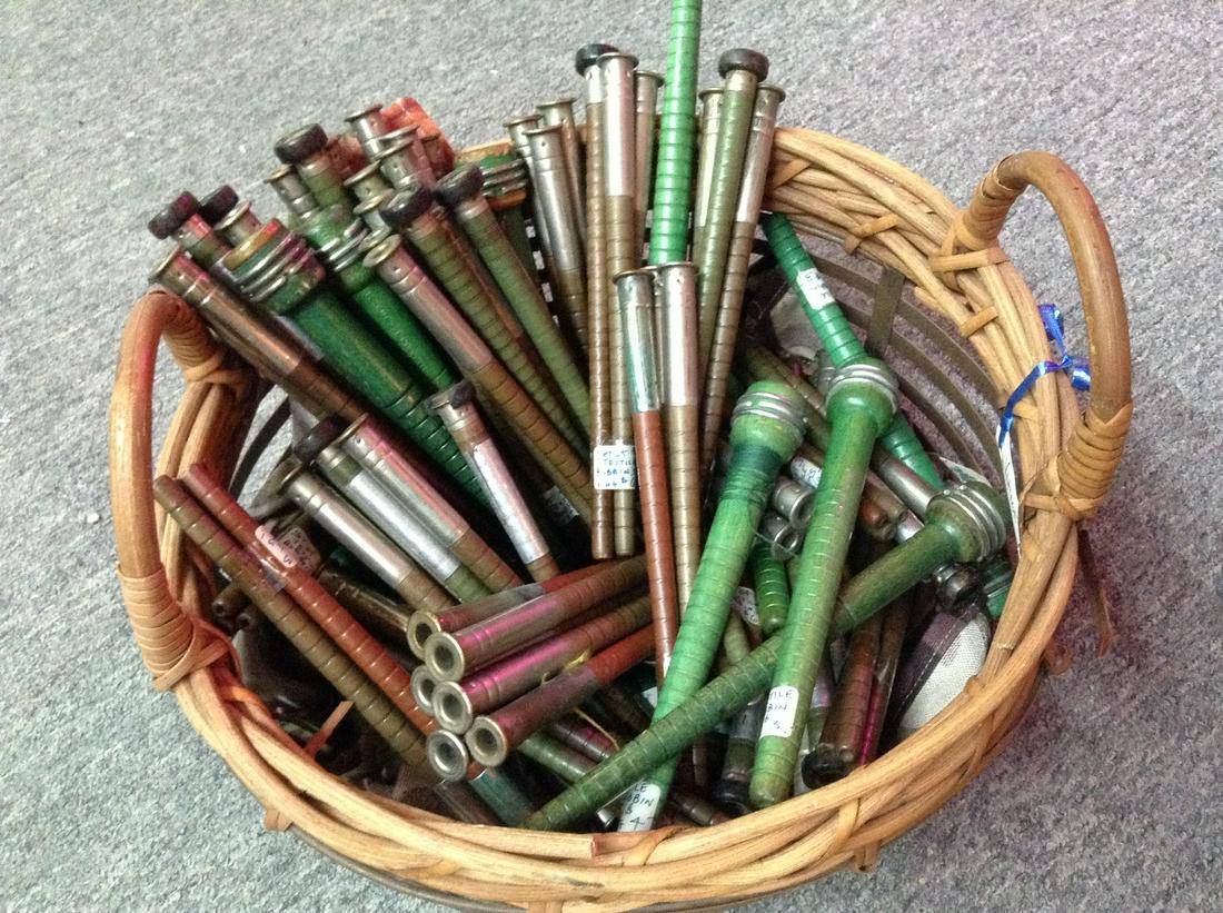 Basket Full of Antique Textile Bobbins: Basket Full of Antique Textile Bobbins