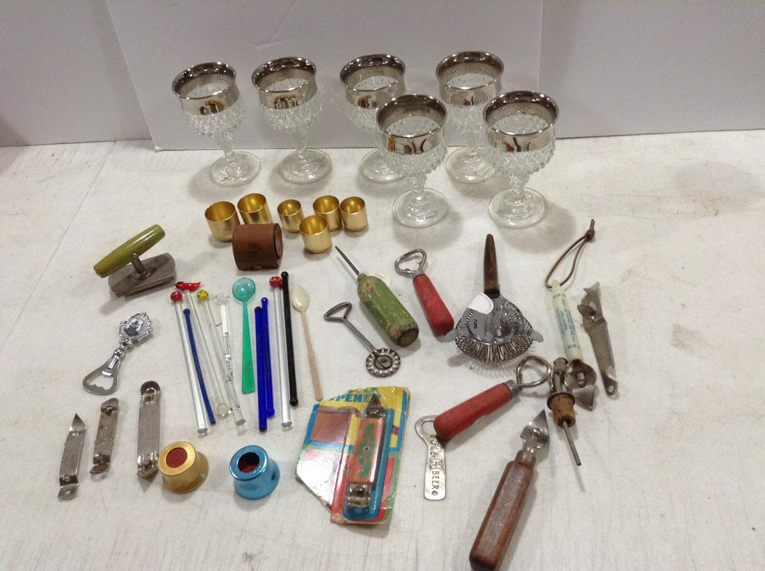 Set of 6 Silver Rimmed Stem Goblets & Large lot of Vintage Bottle Openers, Glass Swizzle Sticks and (1 of 1)