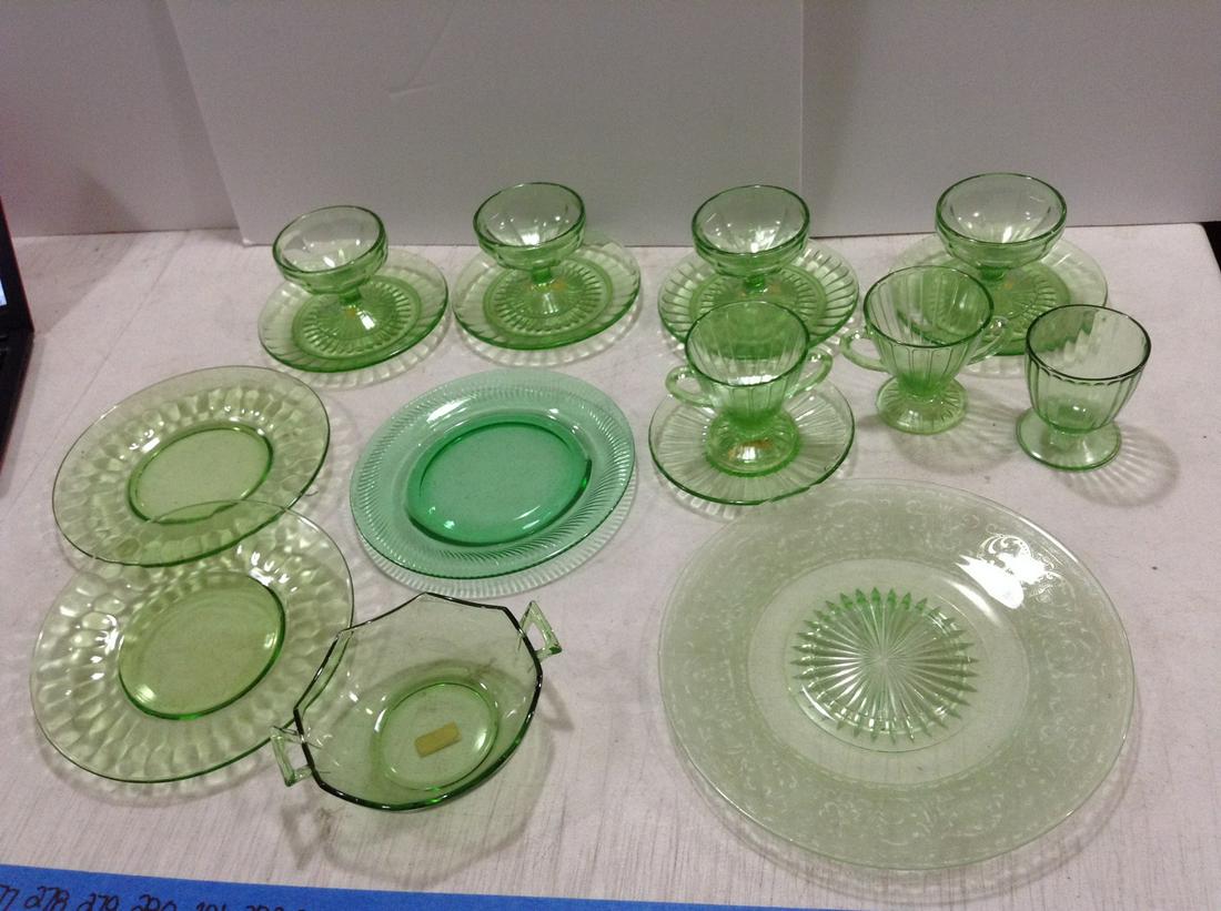 Large lot of Green Depression (Uranium?) Glass Sherberts, Plates and more (1 of 1)