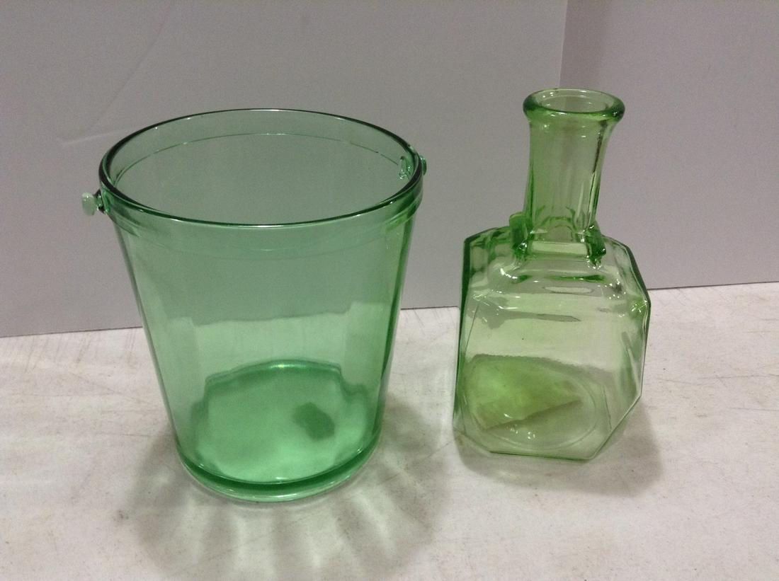 Green Depression (Uranium?) Glass Ice Bucket and Water Bottle (1 of 1)