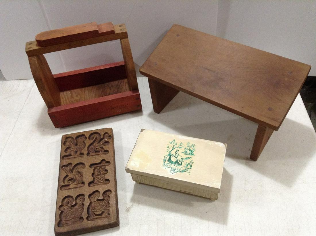 Vintage Hardwood Foot Stool 15.5", Carved Wood Mold and Wooden Boxes: Vintage Hardwood Foot Stool 15.5", Carved Wood Mold and Wooden Boxes
