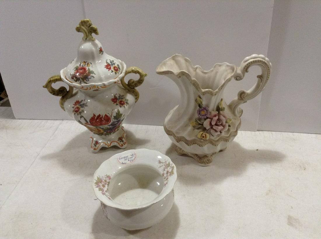 Capodimonte Pitcher 11", Bassamo Lidded Urn and Victorian Spitoon: Capodimonte Pitcher 11", Bassamo Lidded Urn and Victorian Spitoon