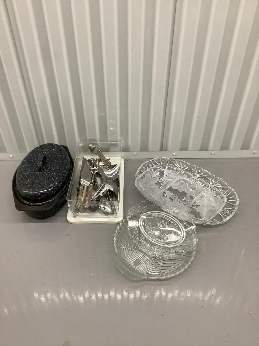 Lot of Flatware, Glass Serving Trays, largest 14x9" and roaster pan with lid: Lot of Flatware, Glass Serving Trays, largest 14x9" and roaster pan with lid
