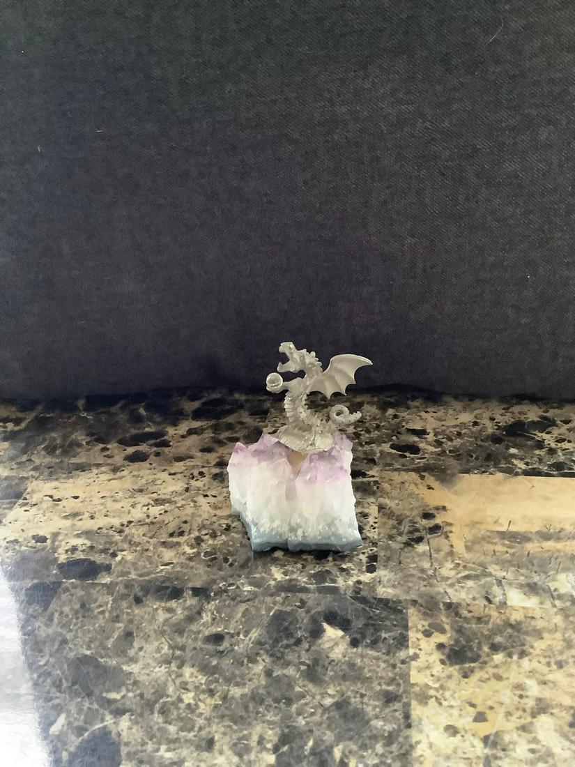Vintage Pewter Dragon on Purple Amethyst Rock Geode 3 in.: Vintage Pewter Dragon on Purple Amethyst Rock Geode 3 in.