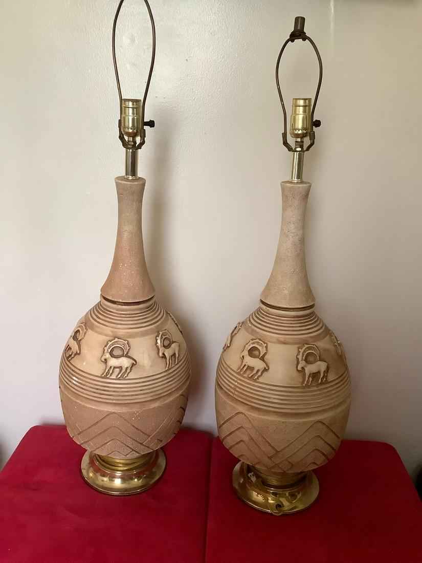 Pair of Signed JW Sandstone Lamps 34.5 in.: Pair of Signed JW Sandstone Lamps 34.5 in.