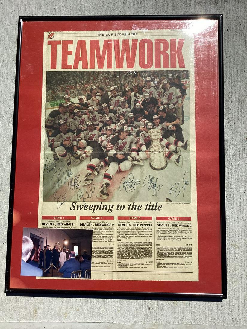 1995 Autographed NJ Devils Stanley Cup Newspaper Page with Photo 24.5"x18.5": 1995 Autographed NJ Devils Stanley Cup Newspaper Page with Photo 24.5"x18.5"