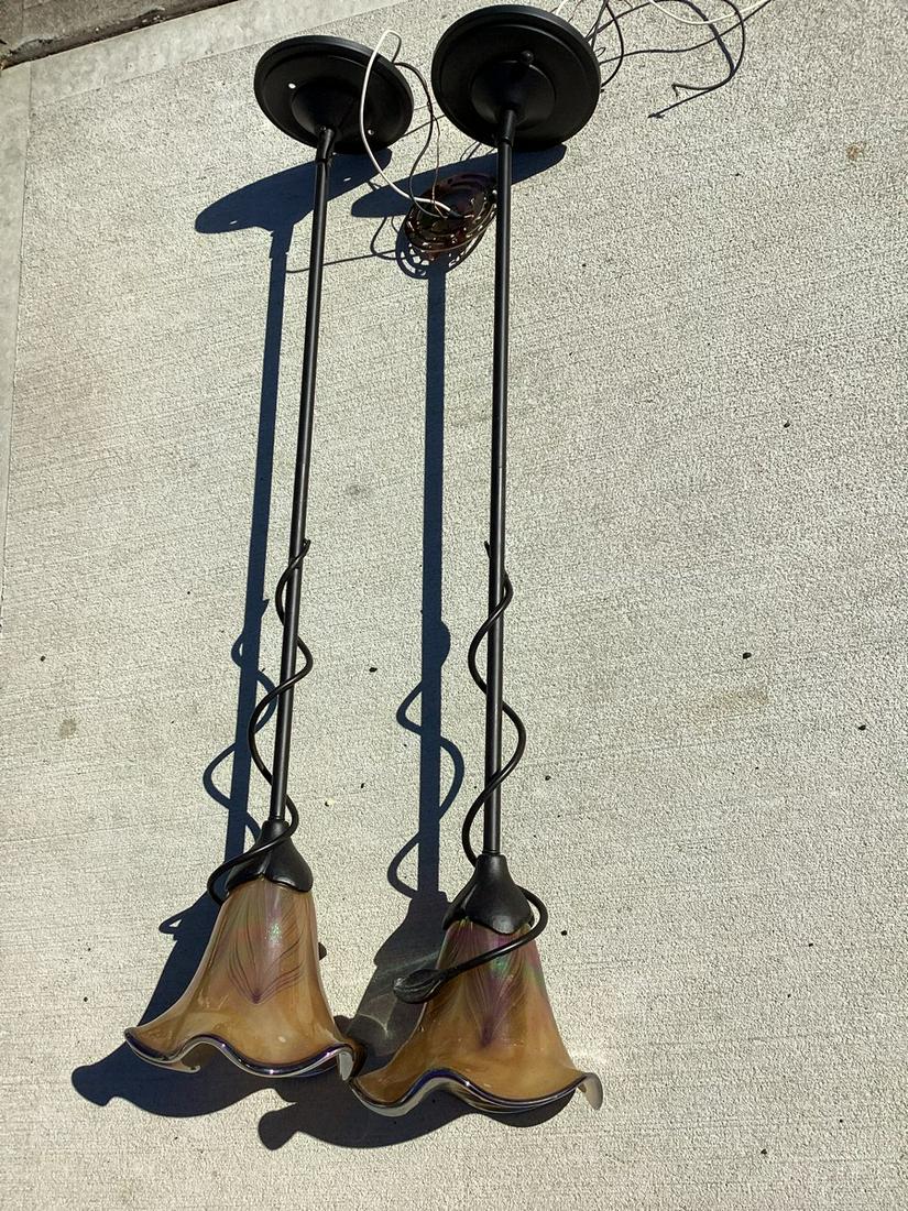 Pair of Signed Todd Phillips Quoizel Art Glass Pendant Lights 35": Pair of Signed Todd Phillips Quoizel Art Glass Pendant Lights 35"