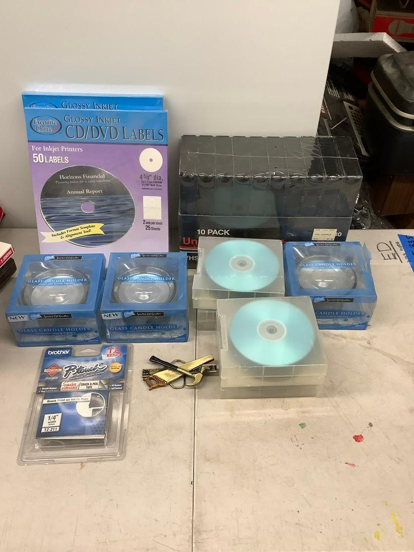 Lot of blank Cds, candle holders, DVD labels, vcr boxes and more: Lot of blank Cds, candle holders, DVD labels, vcr boxes and more
