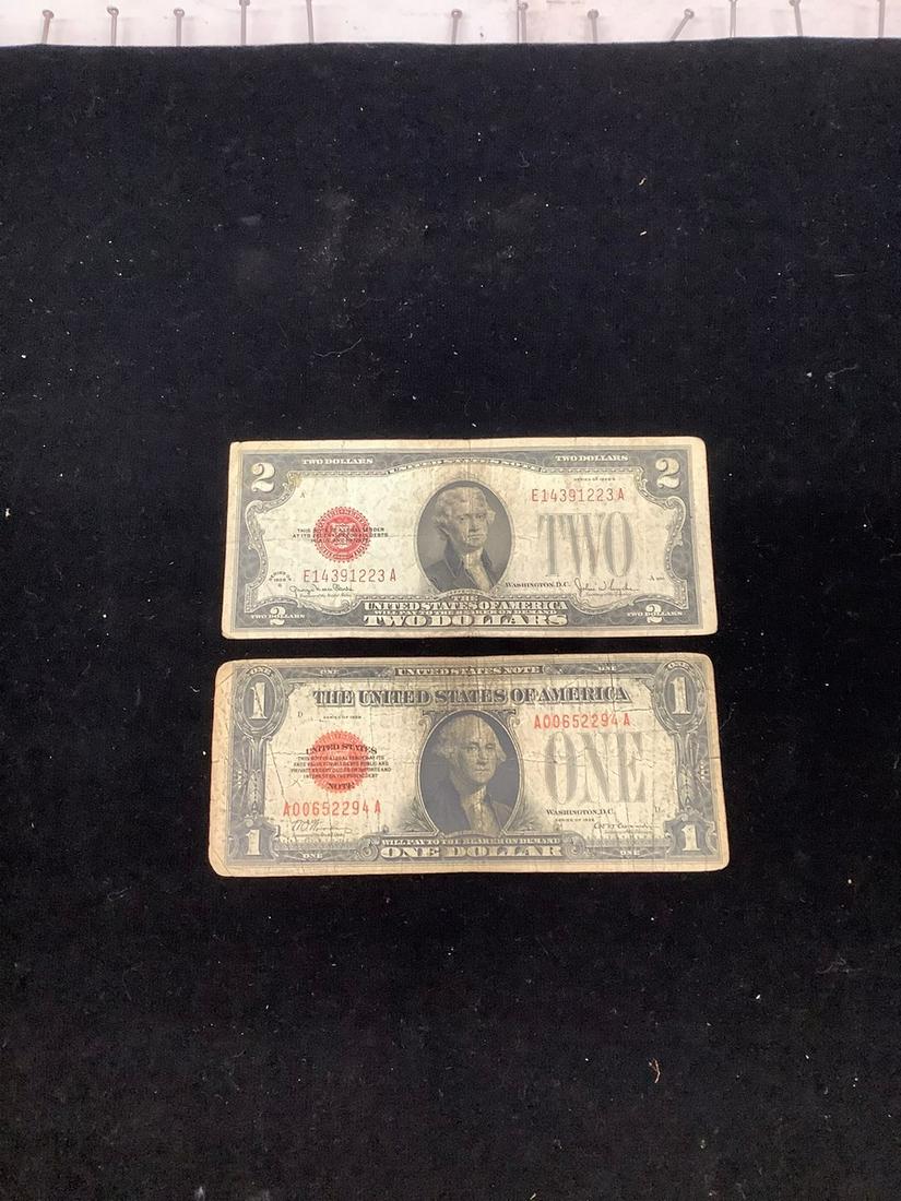 1928 One Dollar and Two Dollar Bills Series G Red Seal: 1928 One Dollar and Two Dollar Bills Series G Red Seal